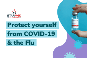 Imagen de palabras Protéjase del COVID-19 y la gripe